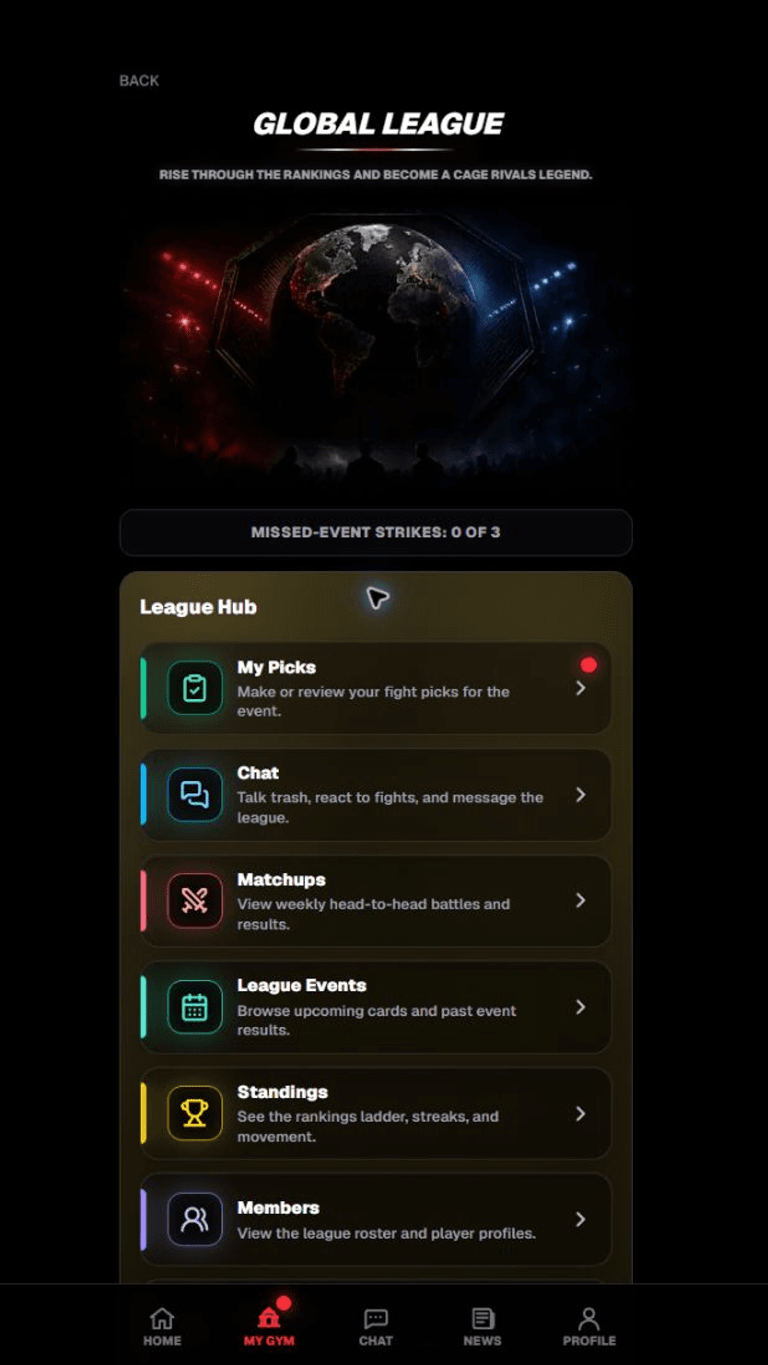 Cage Rivals Global League hub with league destinations