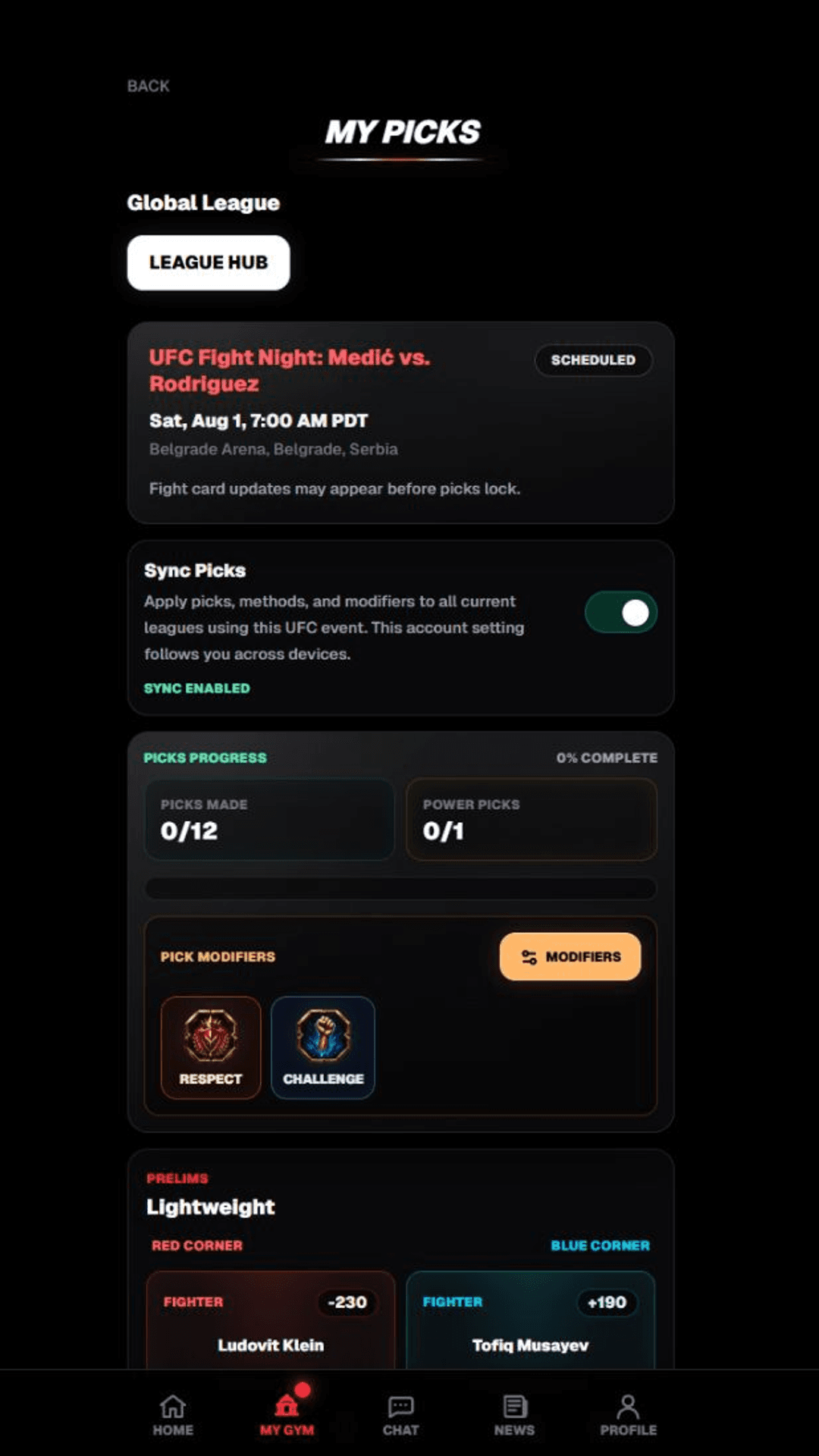 Cage Rivals fight-picks screen showing the Pick Modifiers strategy panel