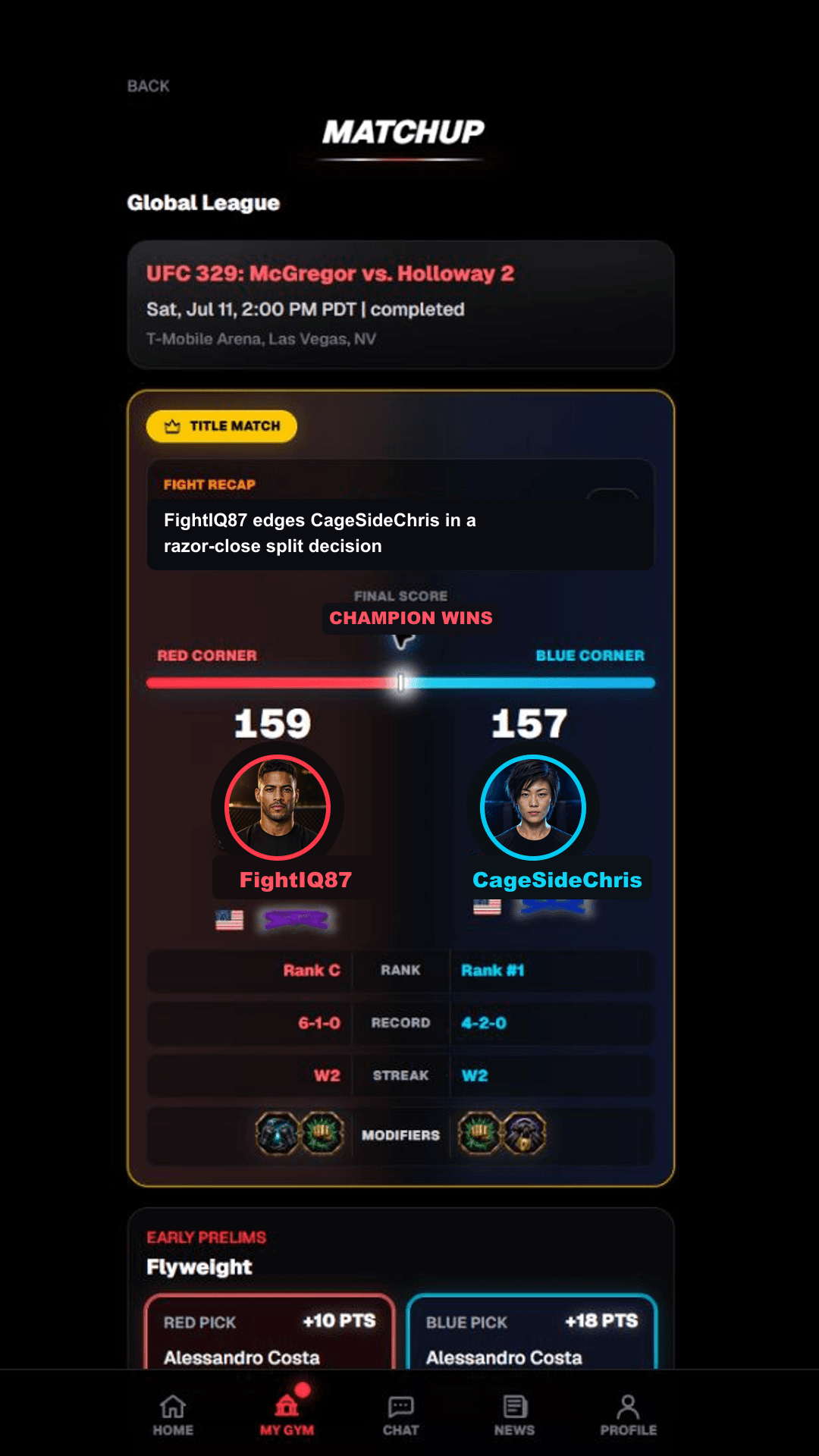 Cage Rivals head-to-head matchup screen