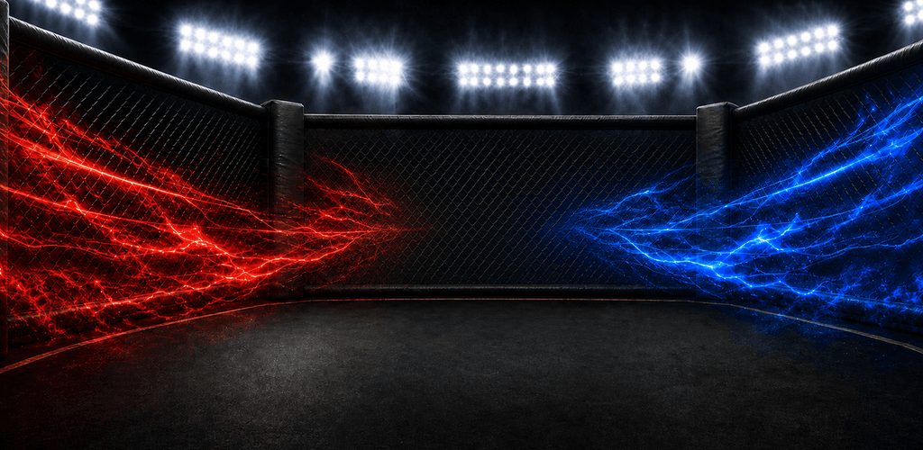 An illuminated MMA cage with red and blue rivalry energy